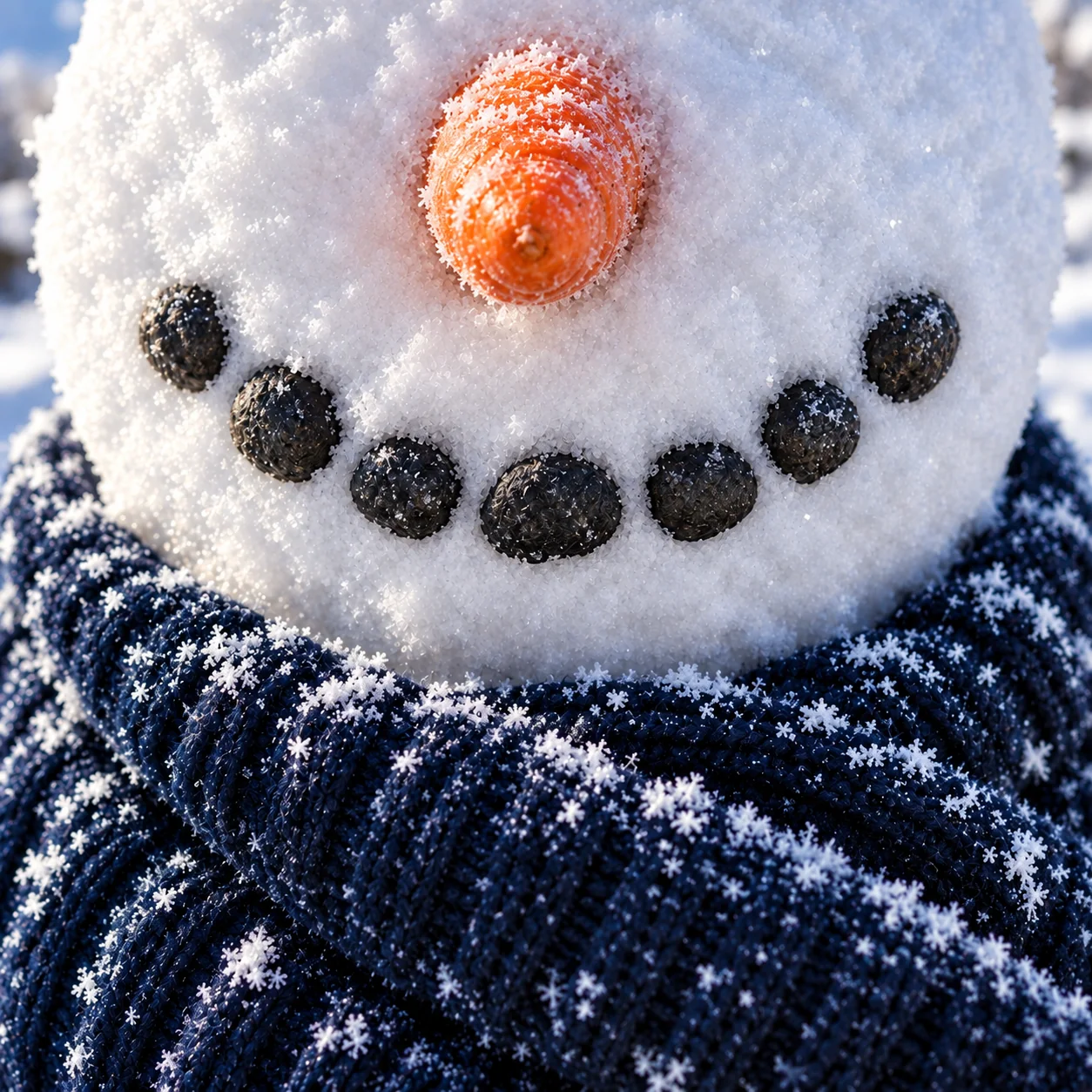Schneemann mit frontal ausgerichteter Karottennase und lächelndem Steinmund im sonnigen Schnee